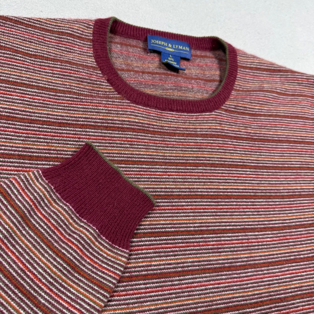 Joseph & Lyman Mens Cashmere Striped Crewneck Sweater Burgundy Orange Large